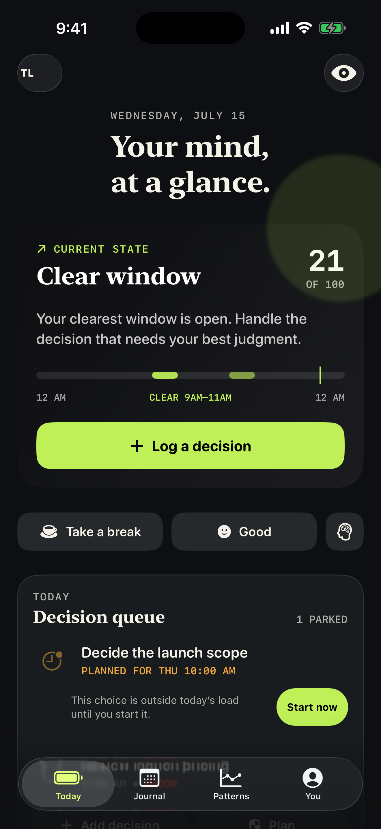 ThinkLeft Today screen showing a decision plan and personal context